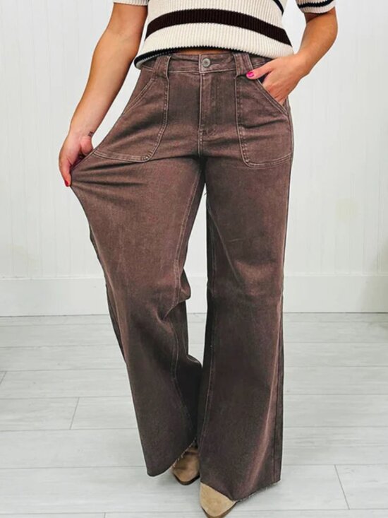 Judy Blue Chocolate Brown Retro Wide Raw Hem Patch Pocket Stretch Jeans 1/25